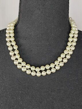 Double Strand Faux Pearl Necklace Cream Beaded Classic Adjustable Necklace